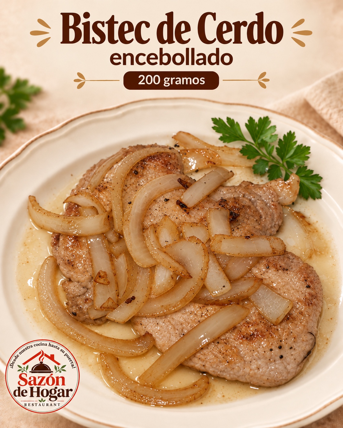 Bistec de cerdo encebollado
