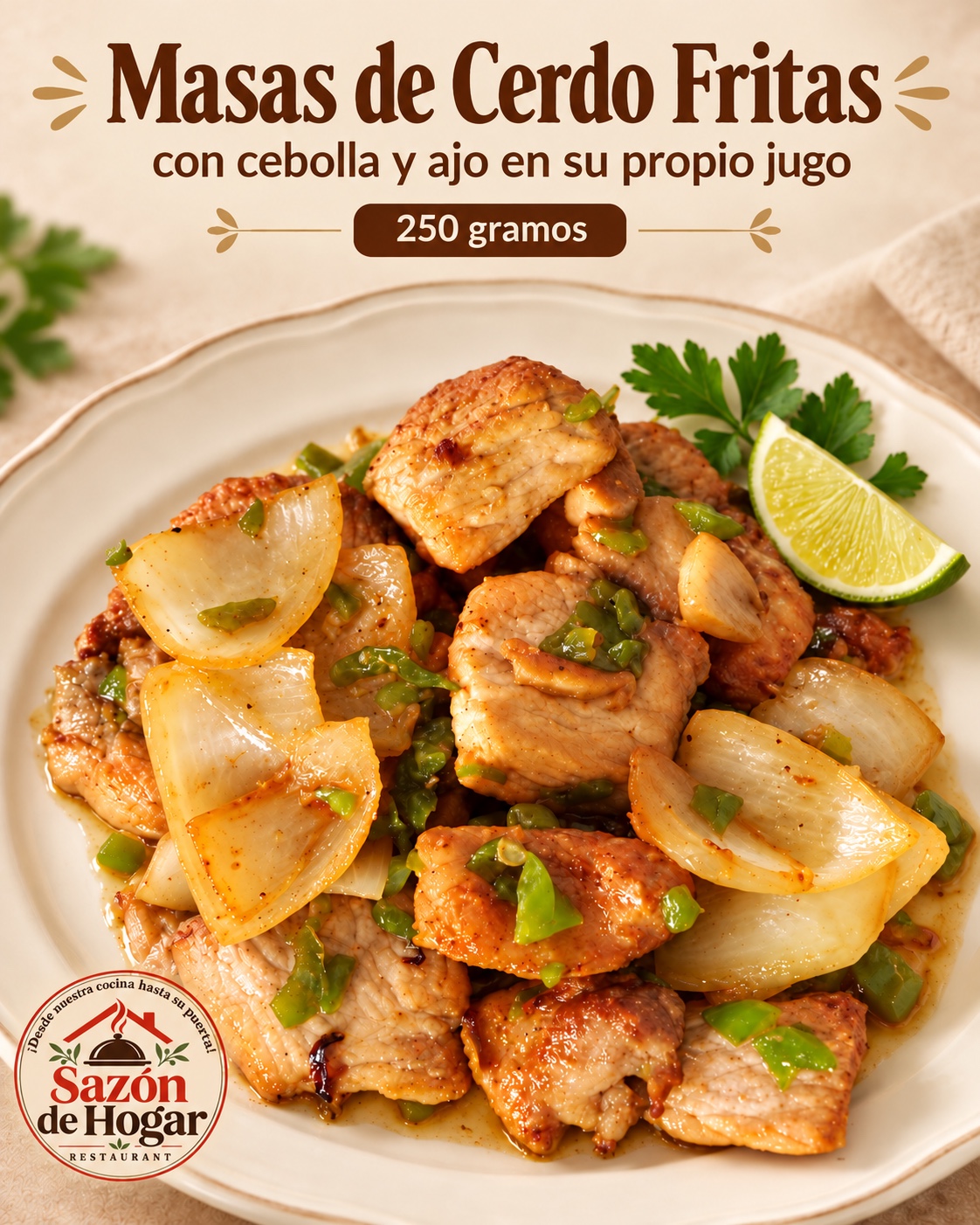 Masas de cerdo fritas con cebolla y ajo