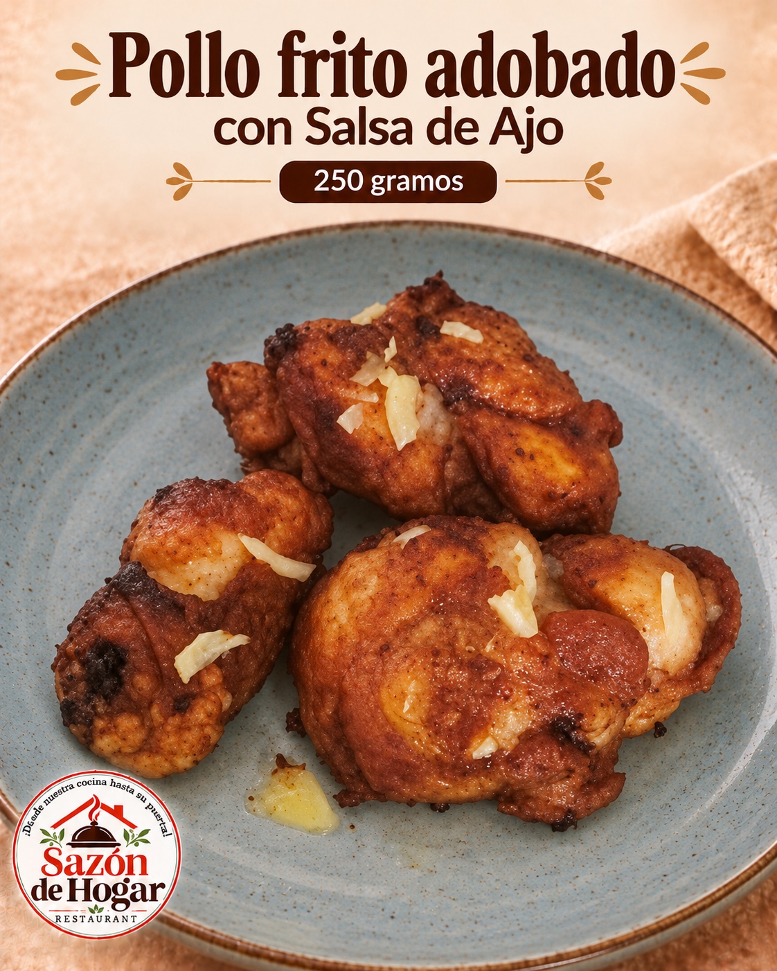 Pollo frito adobado con salsa de ajo, 250 gramos